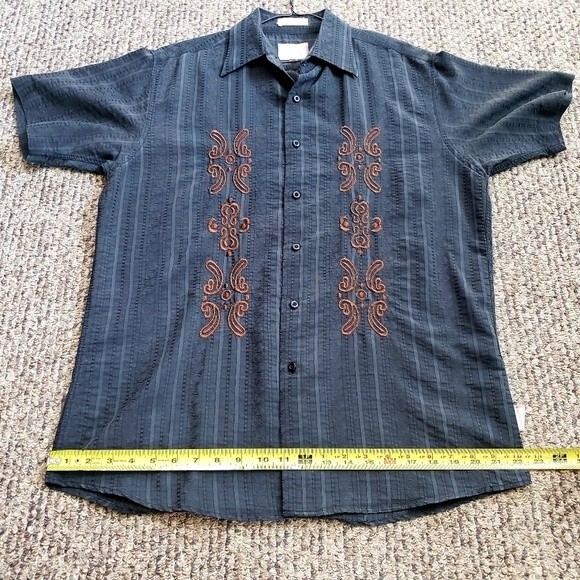 Franky Max Seersucker Embroidered & Striped Black & Brown Button Down Medium - Picture 11 of 11